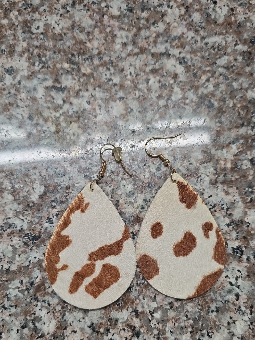 Leather Teardrop Cowhide Earrings in Brown and Cream